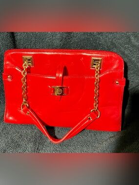 Authentic Antonio Melani Red Leather Tote Handbag with Gold Chain Accents